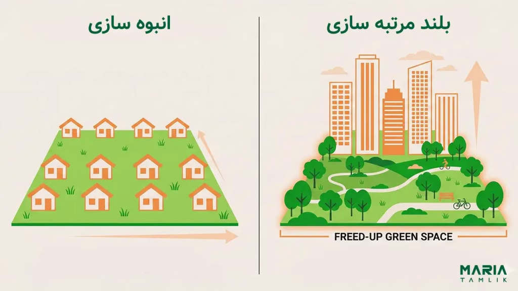 اینفوگرافیک مقایسه تراکم افقی با بلند مرتبه سازی در مازندران و تاثیر ساخت برجها در آزادسازی زمین و حفظ فضای سبز.